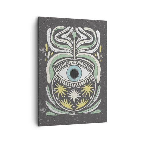 Obraz na płótnie - Symboliczny wzór z okiem, roślinnymi elementami i geometrycznymi kształtami - 50x70cm - Plemienne rytuały - Nowoczesna dekoracja ścienna do salonu, kuchni i sypialni ARTTOR