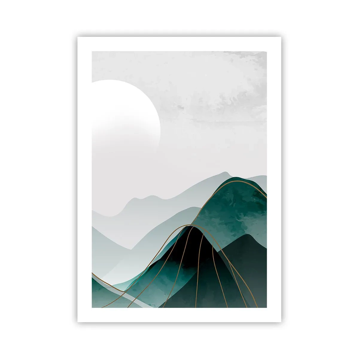 Plakat - Abstrakcyjne góry w odcieniach zieleni z delikatnym złotem - 50x70cm - W pełnym majestacie - Nowoczesna dekoracja ścienna do salonu, kuchni i sypialni ARTTOR