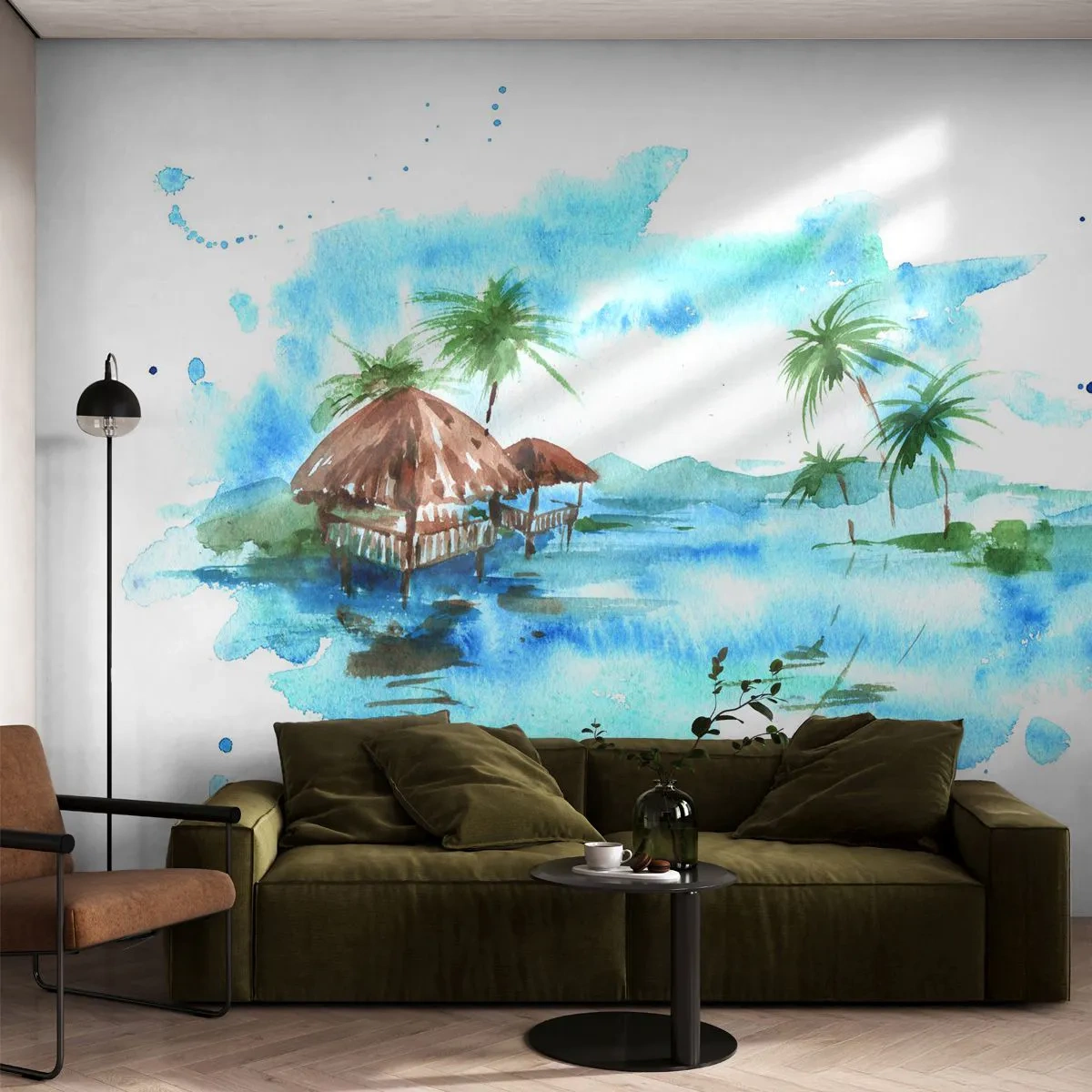 Fototapeta Premium Sand - Akwarelowa ilustracja tropikalnych domków na wodzie - 100x70cm - Gdzieś na Pacyfiku - Nowoczesna dekoracja ścienna do salonu, kuchni i sypialni ARTTOR