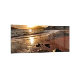 Obraz na szkle - Plaża o zachodzie słońca z kamieniami na brzegu - 120x50cm - Idź za słońcem ku wzgórzom - Nowoczesna dekoracja ścienna do salonu i sypialni ARTTOR