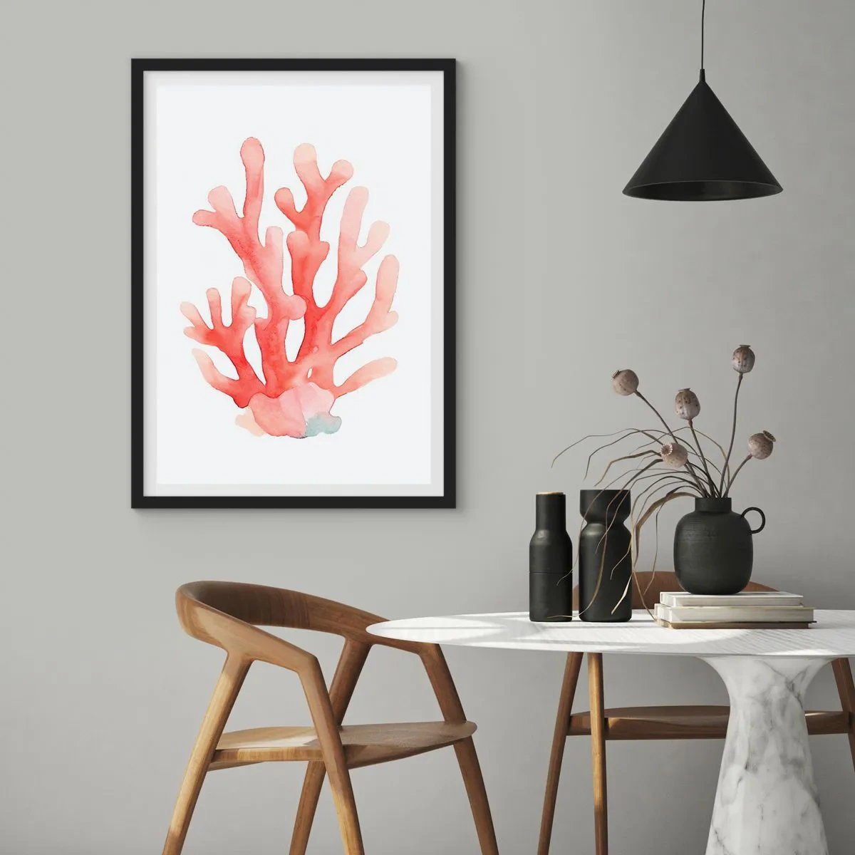 Plakat w czarnej ramie - Akwarelowa ilustracja czerwonego koralowca na białym tle - 50x70cm - Koral koloru koralowego - Nowoczesna dekoracja ścienna do salonu i sypialni ARTTOR