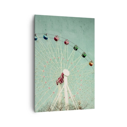 Obraz na płótnie - Kolorowy diabelski młyn na tle błękitnego nieba w stylu retro - 70x100cm - Zapraszamy do zabawy - Nowoczesna dekoracja ścienna do salonu i sypialni ARTTOR