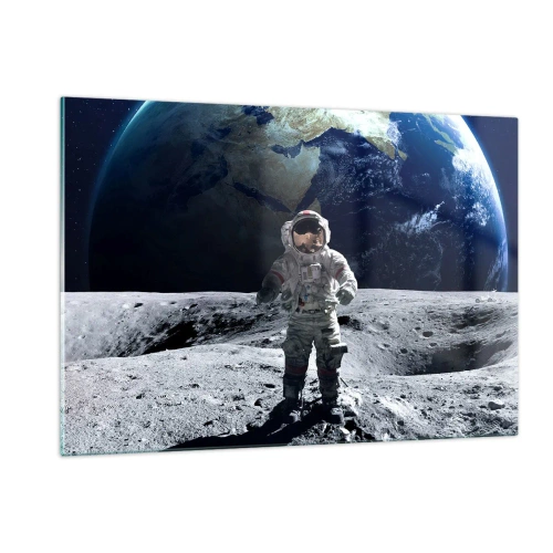 Obraz na szkle - Astronauta na powierzchni Księżyca z Ziemią w tle - 120x80cm - Pozdrowienia z Księżyca - Nowoczesna dekoracja ścienna do salonu, kuchni i sypialni ARTTOR