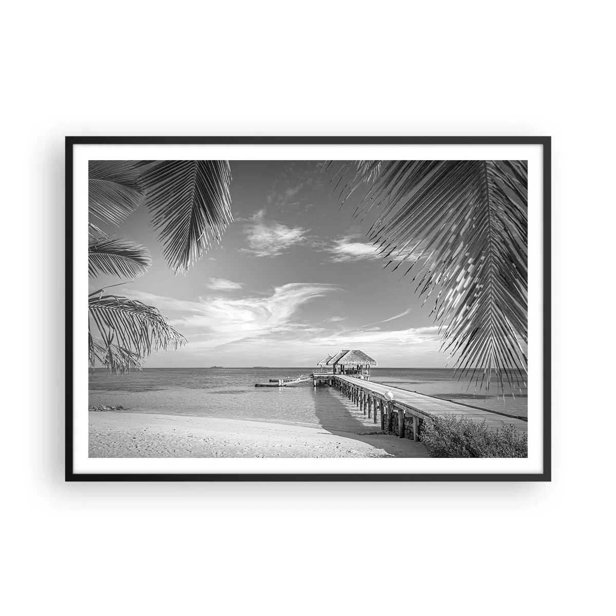 Plakat w czarnej ramie - Czarno-biała plaża z molo i palmami na tropikalnym wybrzeżu - 100x70cm - Wspomnienie czy marzenie? - Nowoczesna dekoracja ścienna do salonu i sypialni ARTTOR