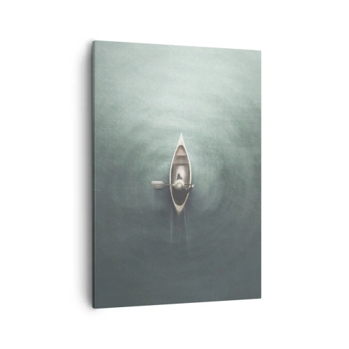 Obraz na płótnie - Minimalistyczny obraz przedstawiający łódkę na spokojnej wodzie - 50x70cm - Przez księżycowe jezioro - Nowoczesna dekoracja ścienna do salonu, kuchni i sypialni ARTTOR