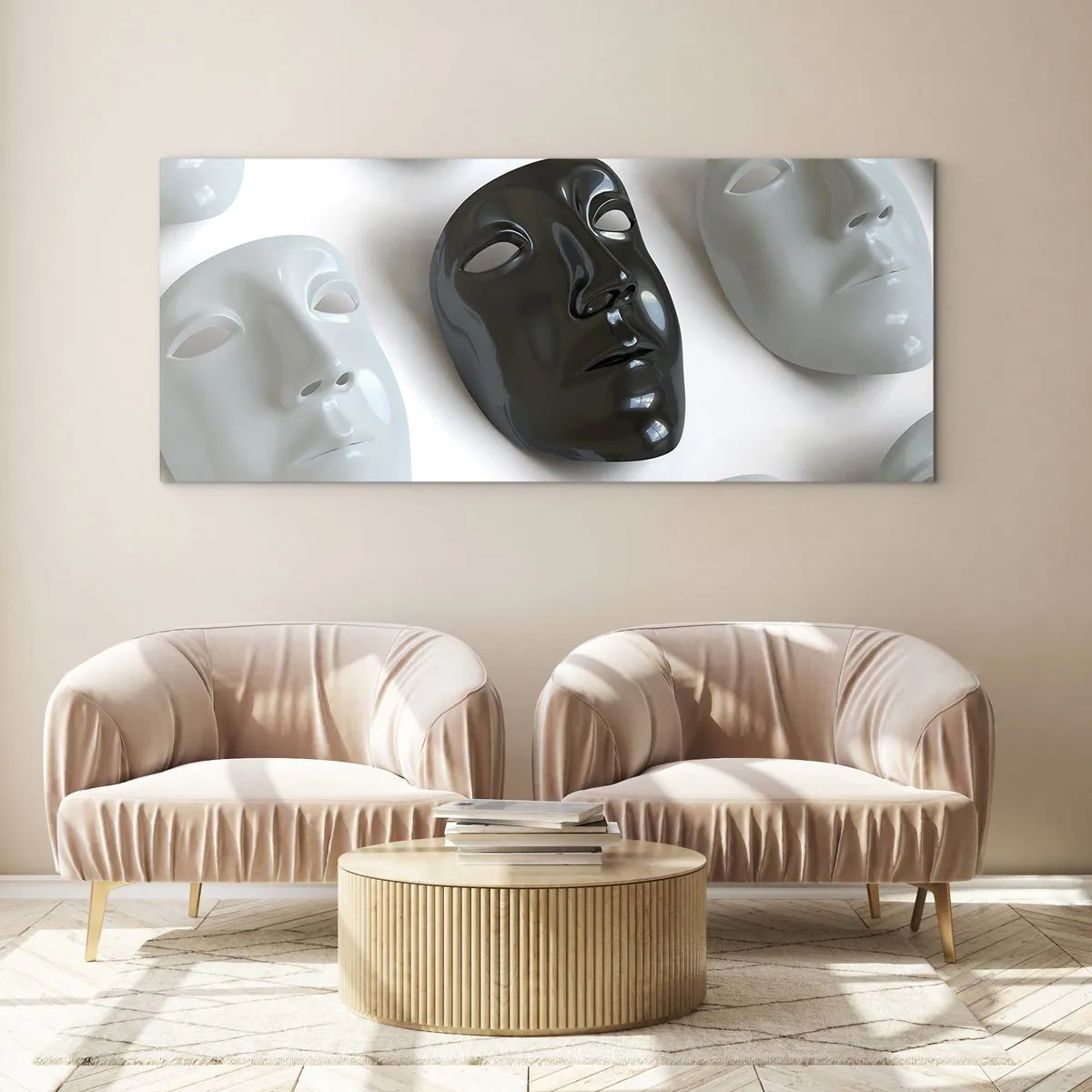 Obraz na szkle - Czarne i białe maski na jasnym tle - 160x50cm - Jak się wyróżnić? - Nowoczesna dekoracja ścienna do salonu i sypialni ARTTOR