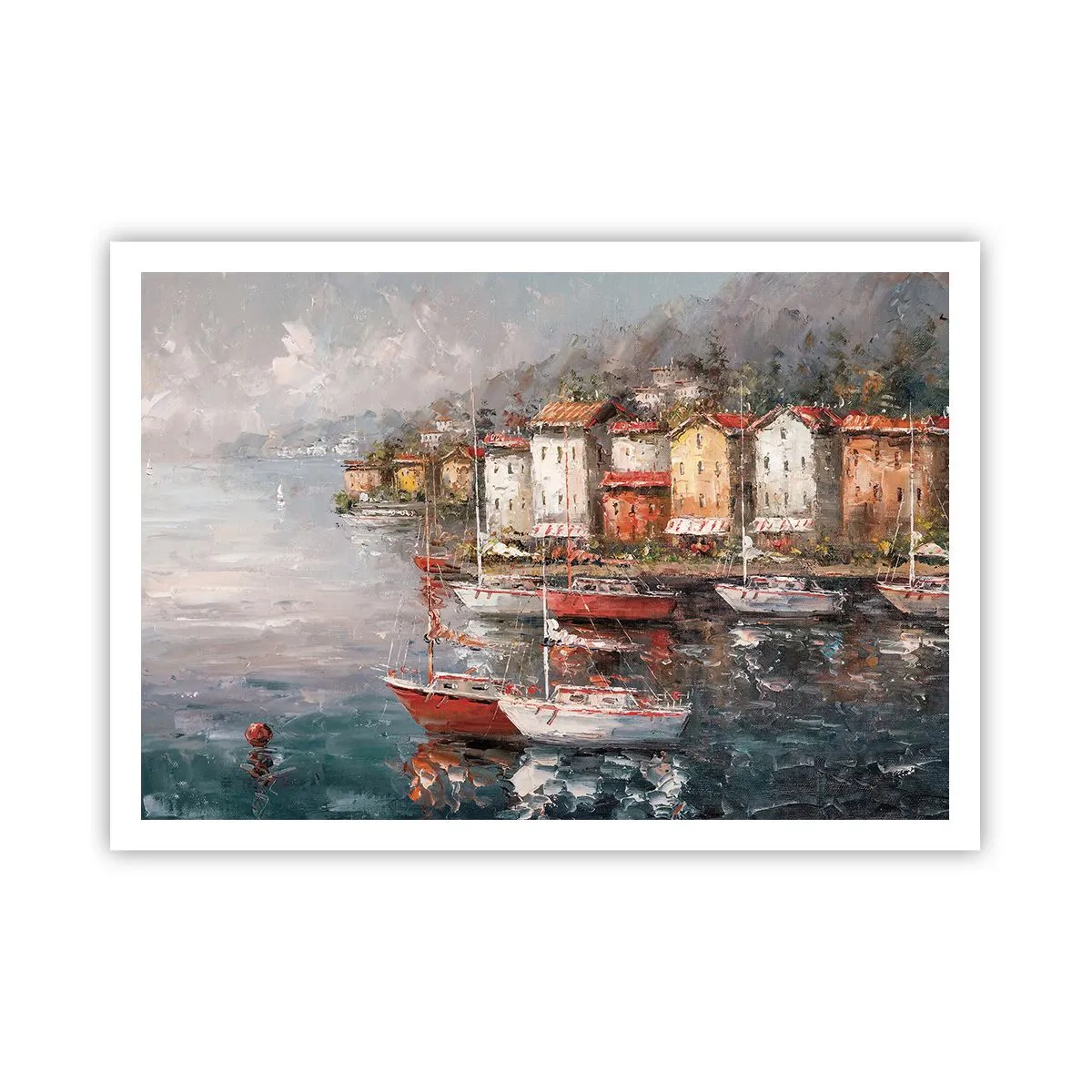 Plakat - Nadmorska sceneria z łodziami i kolorowymi domami - 100x70cm - Romantyczna przystań - Nowoczesna dekoracja ścienna do salonu i sypialni ARTTOR