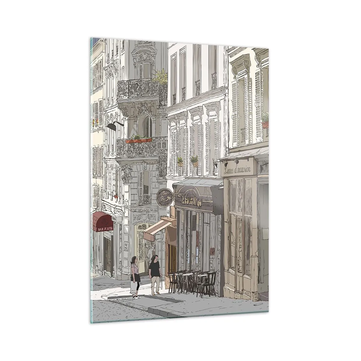 Obraz na szkle - Uliczka z kawiarniami w artystycznym stylu miejskim - 50x70cm - Miejskie radości - Nowoczesna dekoracja ścienna do salonu, kuchni i sypialni ARTTOR