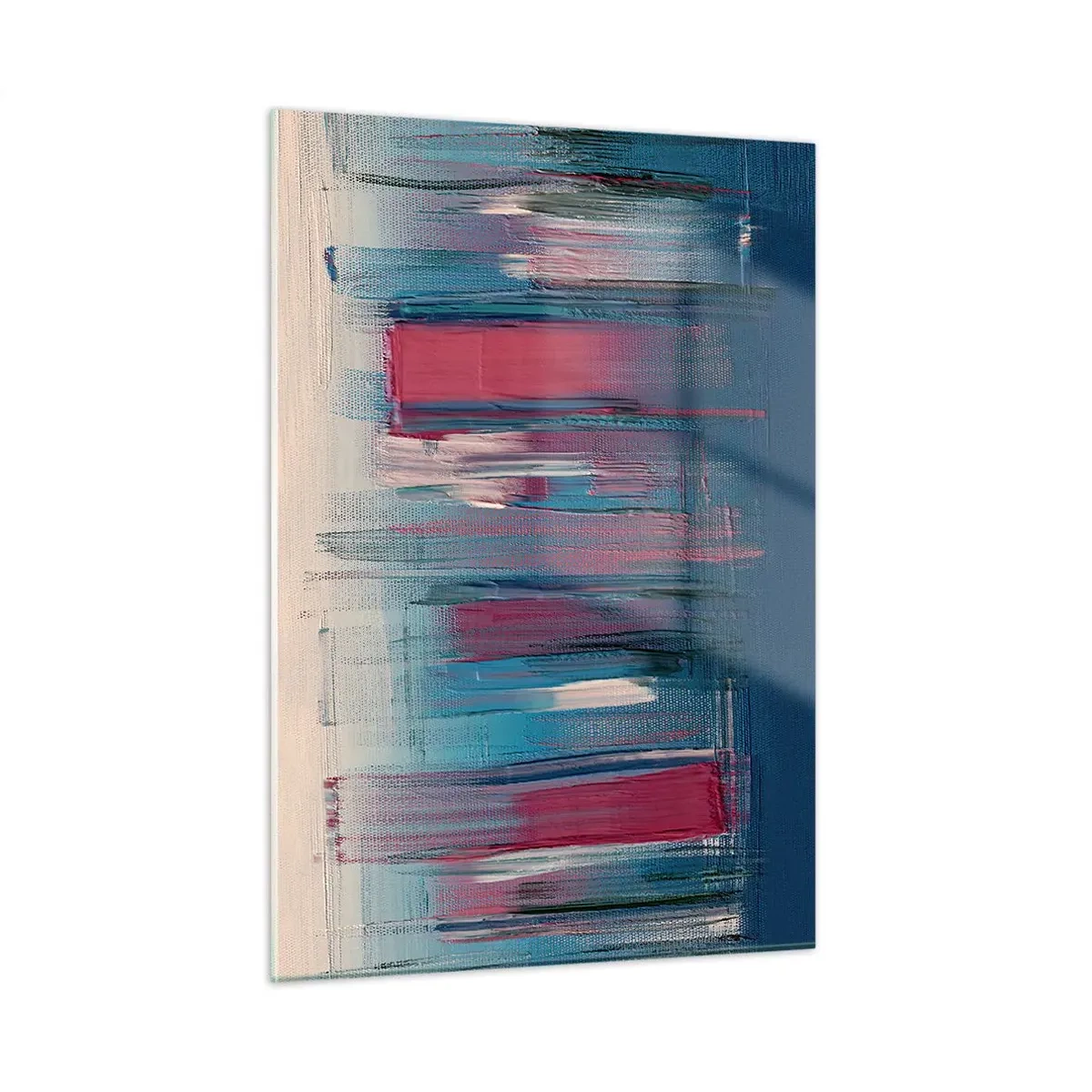 Obraz na szkle - Wertykalne pociągnięcia pędzla w czerwieni i błękicie na tle beżu - 50x70cm - Kompozycja wertykalna w błękicie i czerwieni - Nowoczesna dekoracja ścienna do salonu, kuchni i sypialni ARTTOR