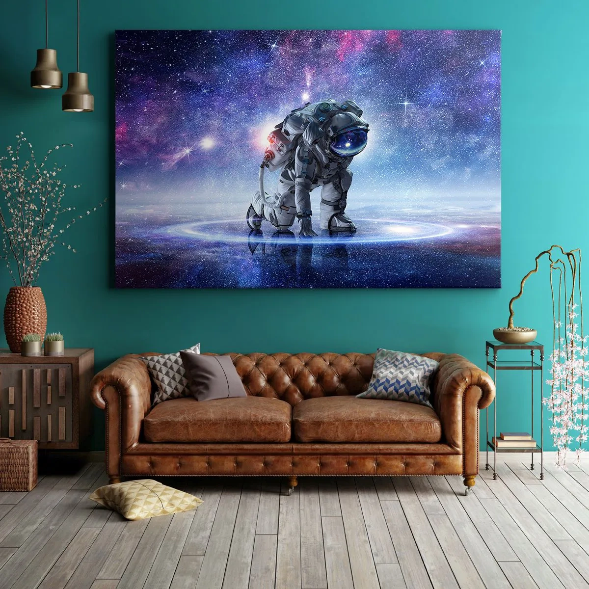 Obraz na płótnie - Astronauta w galaktycznym krajobrazie - 120x80cm - Niebo gwiaździste nade mną - Nowoczesna dekoracja ścienna do salonu, kuchni i sypialni ARTTOR