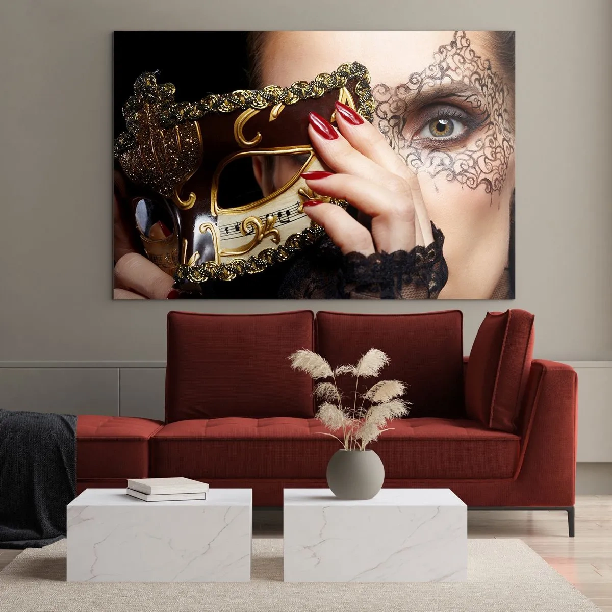 Obraz na szkle - Złota maska wenecka na twarzy kobiety - 70x50cm - Mój świat jest barokowy - Nowoczesna dekoracja ścienna do salonu i sypialni ARTTOR