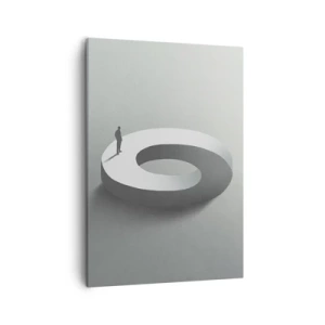 Obraz na płótnie - Minimalistyczna ilustracja postaci na abstrakcyjnej bryle - 50x70cm - I bądź tu mądry - Nowoczesna dekoracja ścienna do salonu, kuchni i sypialni ARTTOR