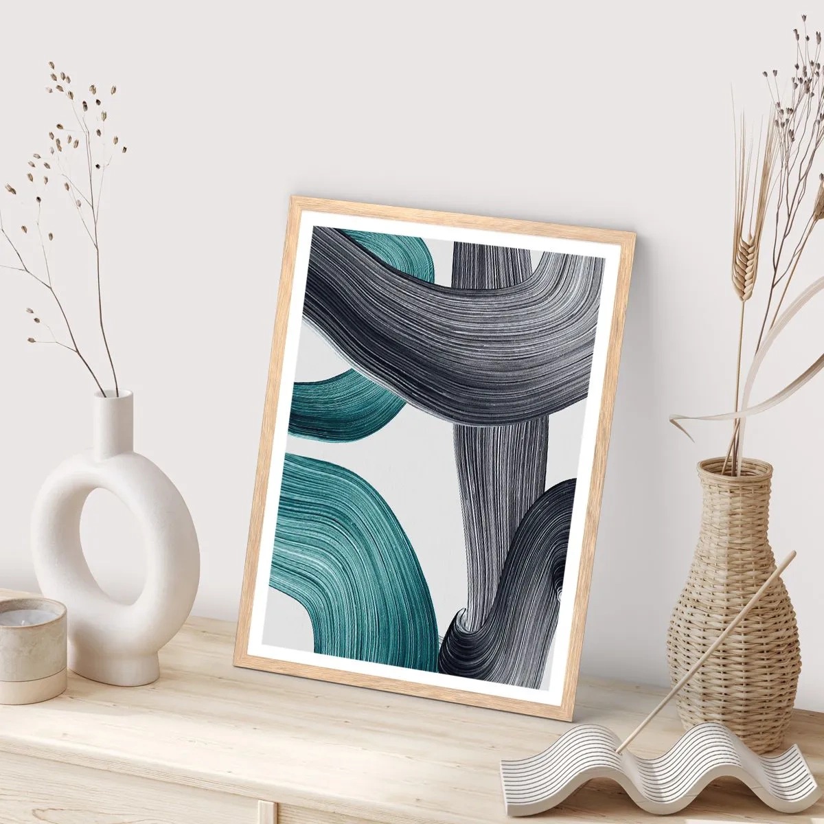 Plakat w ramie jasny dąb - Szmaragdowe i czarne szlaki - 61x91 cm