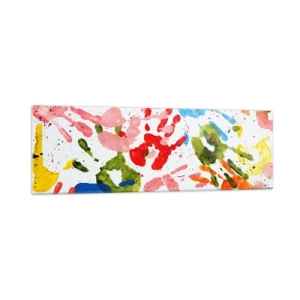 Obraz na szkle - Kolorowe odciski dłoni na białym tle - 160x50cm - Idź po śladach - Nowoczesna dekoracja ścienna do salonu i sypialni ARTTOR