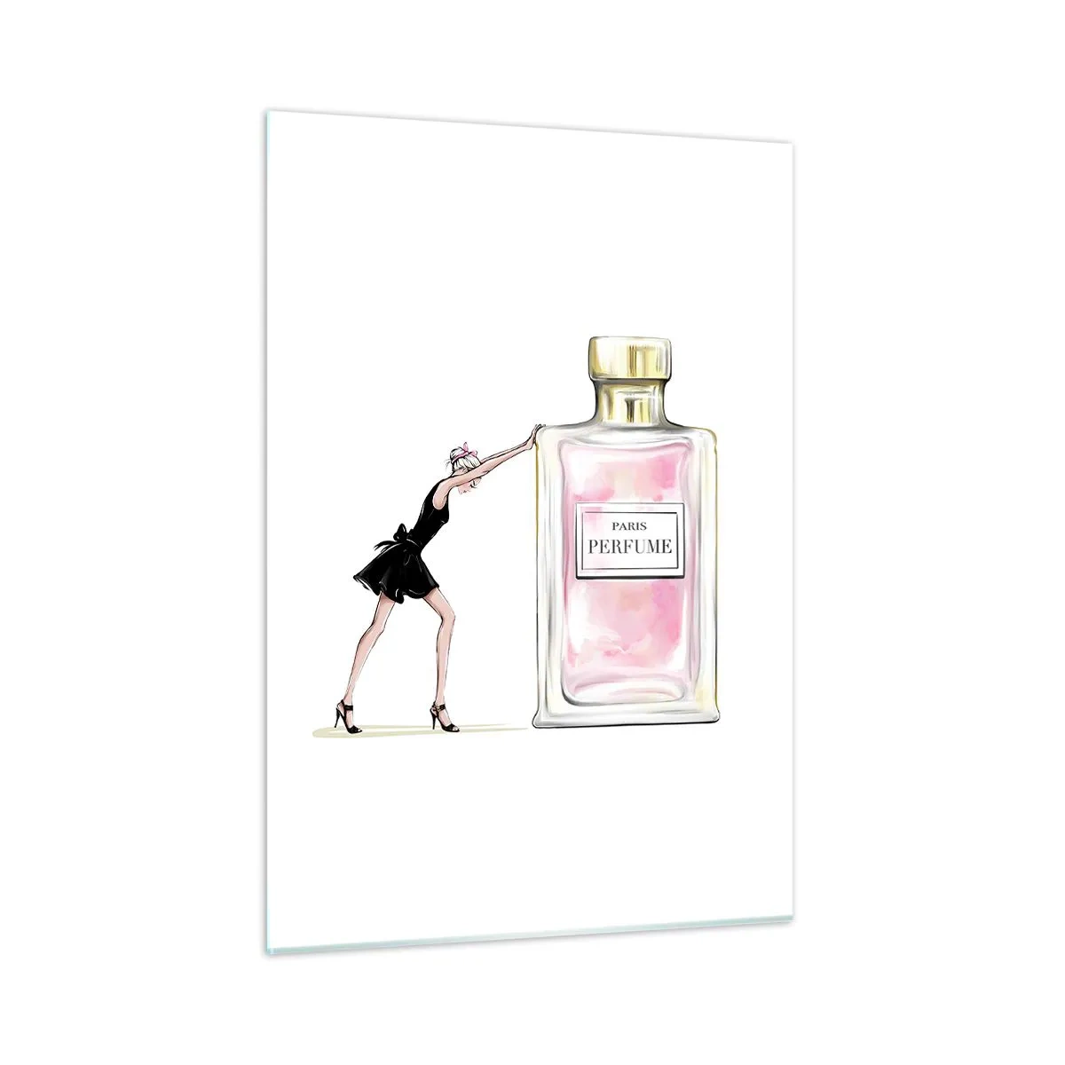 Obraz na szkle - Kobieta w czarnej sukience przy dużej butelce perfum - 50x70cm - Esencja kobiecości - Nowoczesna dekoracja ścienna do salonu, kuchni i sypialni ARTTOR