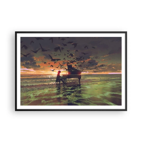 Plakat w czarnej ramie - Pianino na brzegu morza przy zachodzie słońca z ptakami - 100x70cm - Koncert na fortepian i fale - Nowoczesna dekoracja ścienna do salonu i sypialni ARTTOR