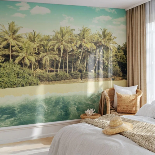 Fototapeta Premium Canvas - Tropikalna plaża z palmami i turkusowym morzem - 100x70cm - A może tutaj? - Nowoczesna dekoracja ścienna do salonu i sypialni ARTTOR