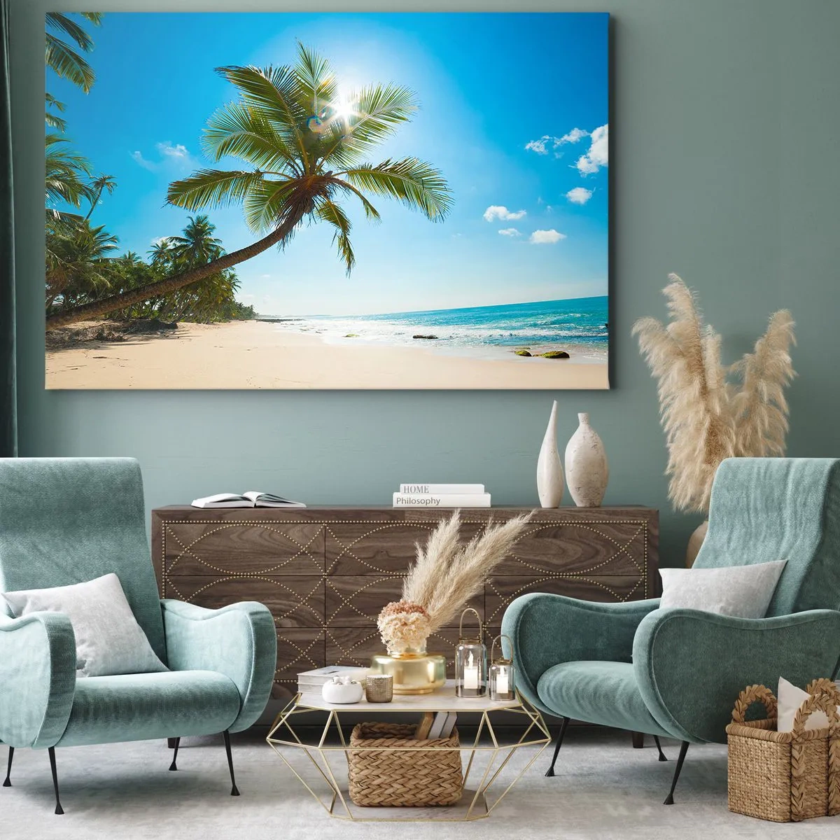 Obraz na płótnie - Plaża z palmami w tropikalnym krajobrazie - 70x50cm - Nie pokazywać nikomu - Nowoczesna dekoracja ścienna do salonu i sypialni ARTTOR