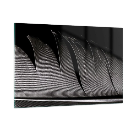 Obraz na szkle - Czarno-białe zbliżenie pióra ukazane na tle kontrastowego światła - 120x80cm - Pióro – cudowna konstrukcja - Nowoczesna dekoracja ścienna do salonu, kuchni i sypialni ARTTOR