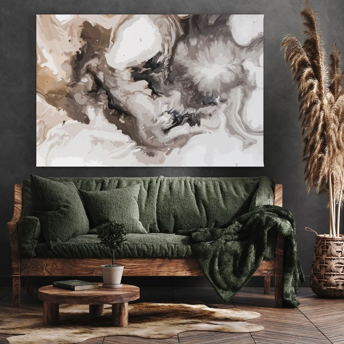 Obraz na płótnie - Abstrakcyjny wzór w odcieniach brązu i bieli - 70x50cm - Narodziny galaktyki - Nowoczesna dekoracja ścienna do salonu i sypialni ARTTOR