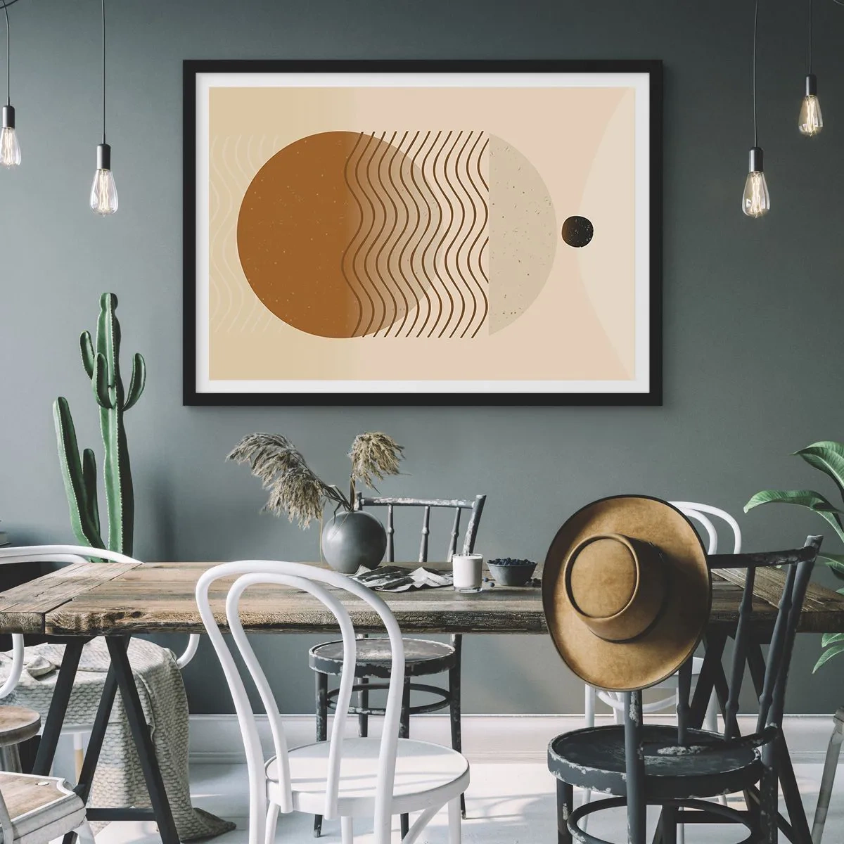 Plakat w czarnej ramie - Geometryczna abstrakcja z kołami i falistymi liniami w ciepłych barwach - 70x50cm - O pochodzeniu figur geometrycznych - Nowoczesna dekoracja ścienna do salonu i sypialni ARTTOR