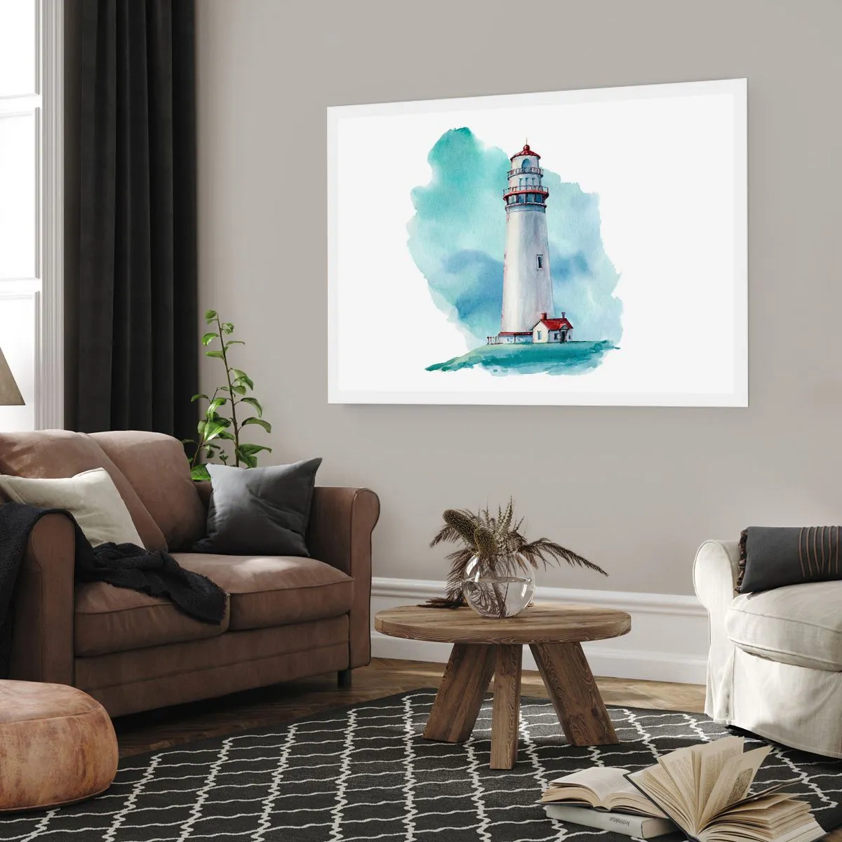 Plakat - Latarnia morska na tle akwarelowego błękitu - 100x70cm - Łagodna siostra błękitu - Nowoczesna dekoracja ścienna do salonu i sypialni ARTTOR