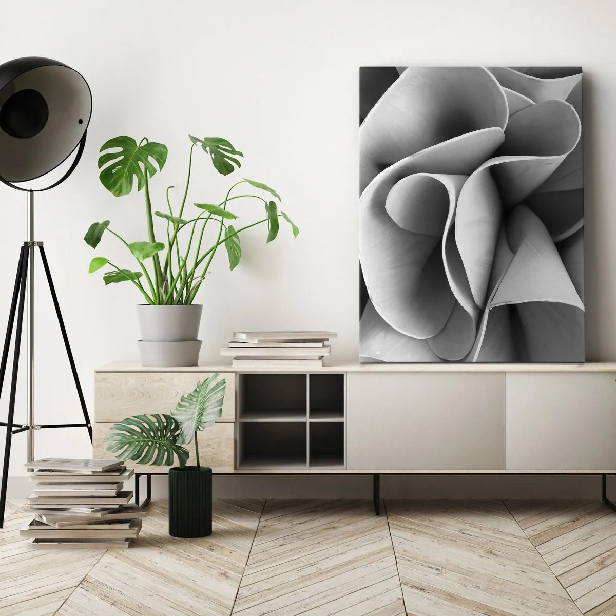 Obraz na płótnie - Czarno-biały abstrakcyjny kwiat w zbliżeniu - 50x70cm - Dzieje się w przestrzeni - Nowoczesna dekoracja ścienna do salonu, kuchni i sypialni ARTTOR