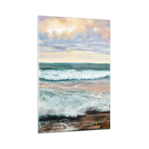 Obraz na szkle - Morskie fale na tle zachmurzonego nieba o zachodzie słońca - 80x120cm - Tutaj wygładzisz duszę - Nowoczesna dekoracja ścienna do salonu i sypialni ARTTOR