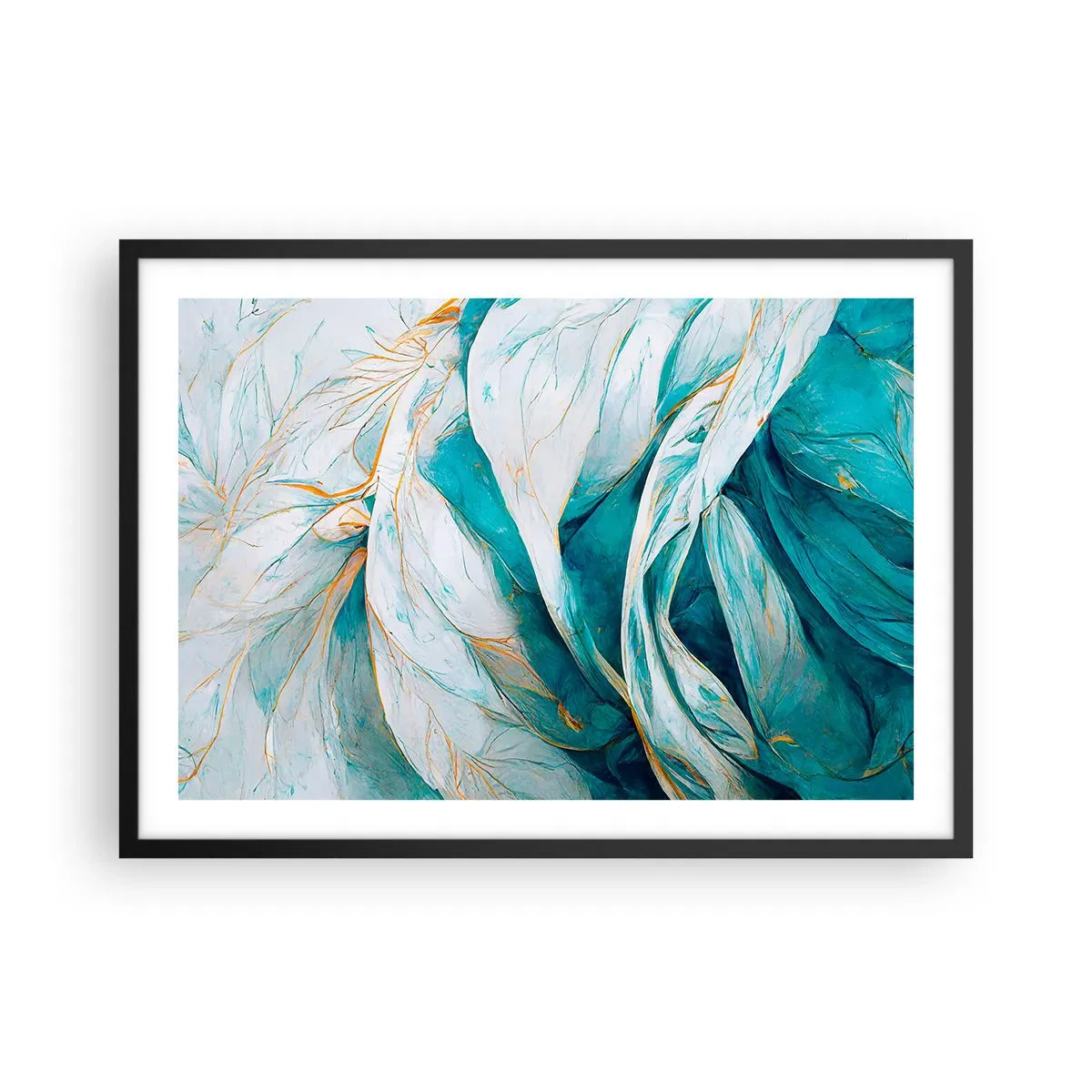 Plakat w czarnej ramie - Abstrakcyjne błękitne liście ze złotymi detalami - 70x50cm - Błękitna abstrakcja z motywem złota - Nowoczesna dekoracja ścienna do salonu i sypialni ARTTOR