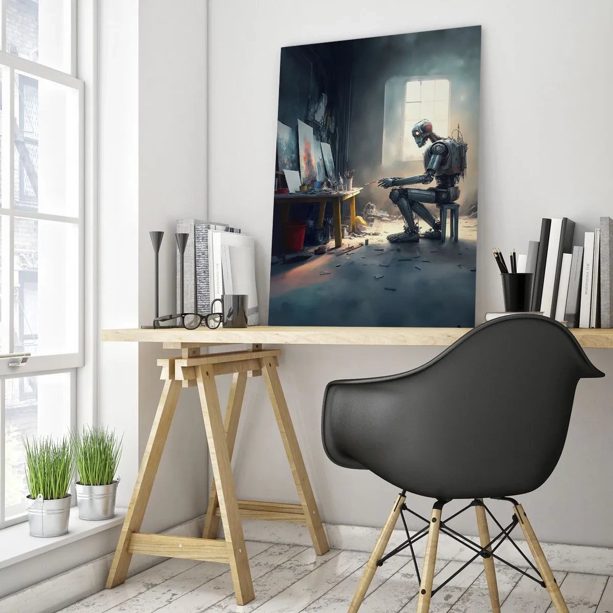 Obraz na szkle - Robot malujący obraz w artystycznej pracowni - 70x100cm - Akt kreacji - Nowoczesna dekoracja ścienna do salonu i sypialni ARTTOR