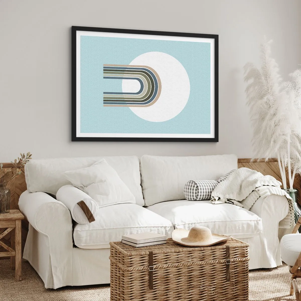 Plakat w czarnej ramie - Minimalistyczna kompozycja z okręgiem i liniami na pastelowym tle - 100x70cm - Nieodparte przyciąganie - Nowoczesna dekoracja ścienna do salonu i sypialni ARTTOR