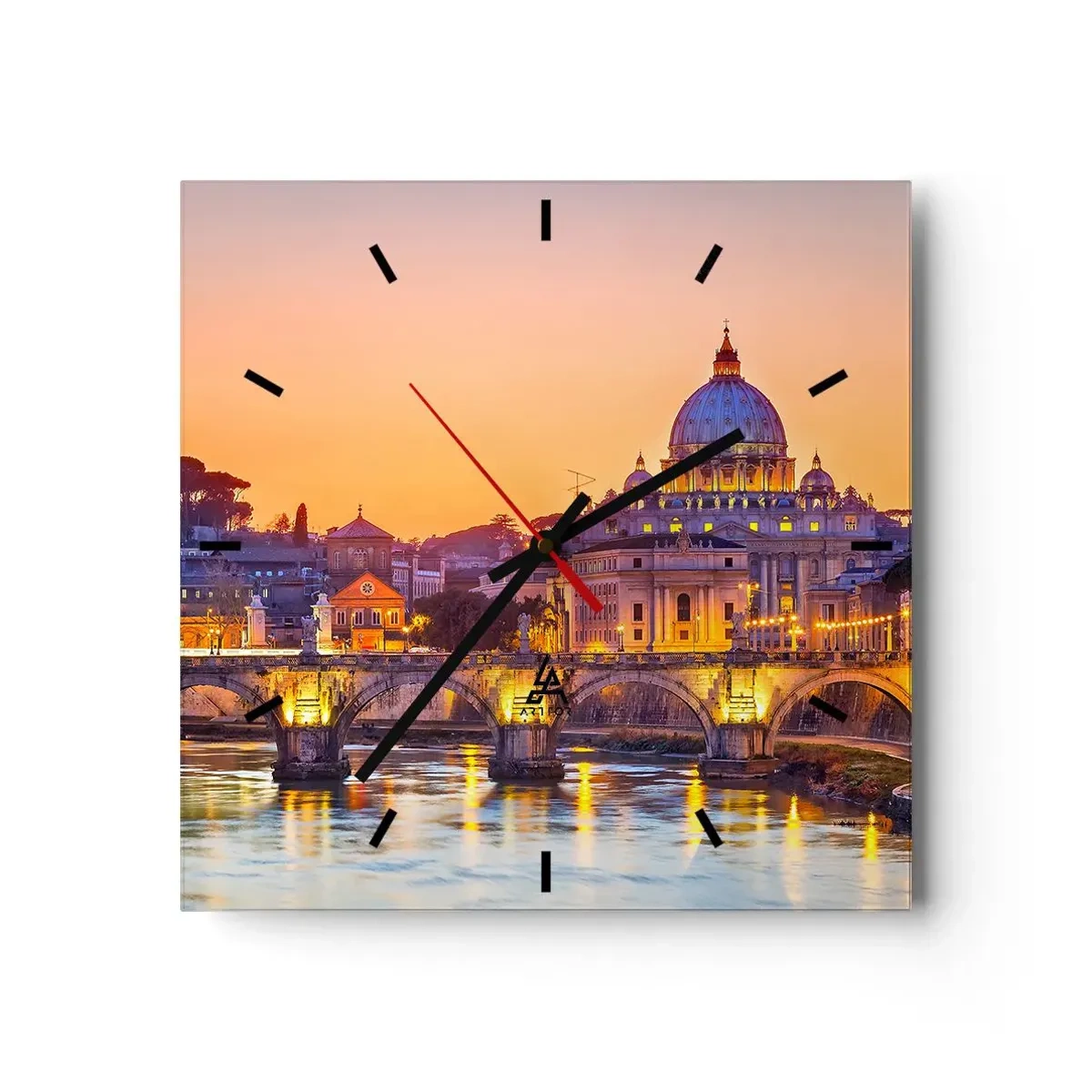 Zegar ścienny - Panorama Watykanu o zachodzie słońca z mostem na rzece - 30x30cm - Zmierzch nad Wiecznym Miastem - Nowoczesna dekoracja ścienna do salonu i sypialni ARTTOR