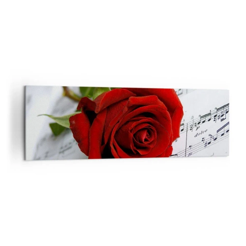 Obraz na płótnie - Czerwona róża na tle nut muzycznych na białym papierze - 160x50cm - Muzyka uczuć w szkarłacie - Nowoczesna dekoracja ścienna do salonu i sypialni ARTTOR