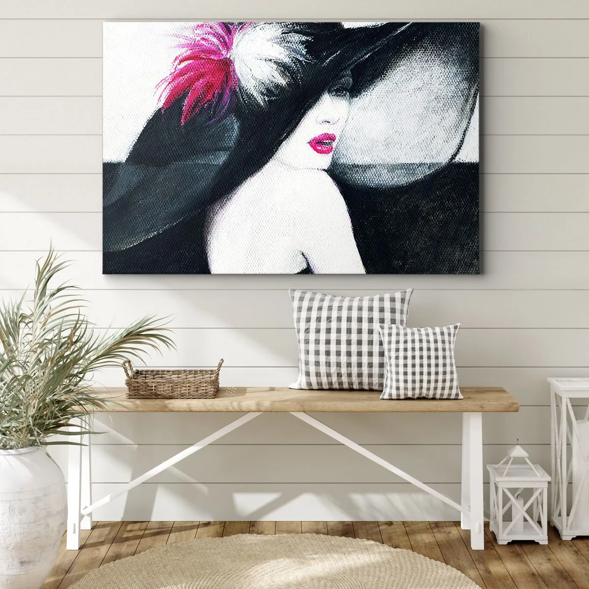 Obraz na płótnie - Stylowa kobieta w kapeluszu z piórami - 70x50cm - Zawsze tajemnica - Nowoczesna dekoracja ścienna do salonu i sypialni ARTTOR