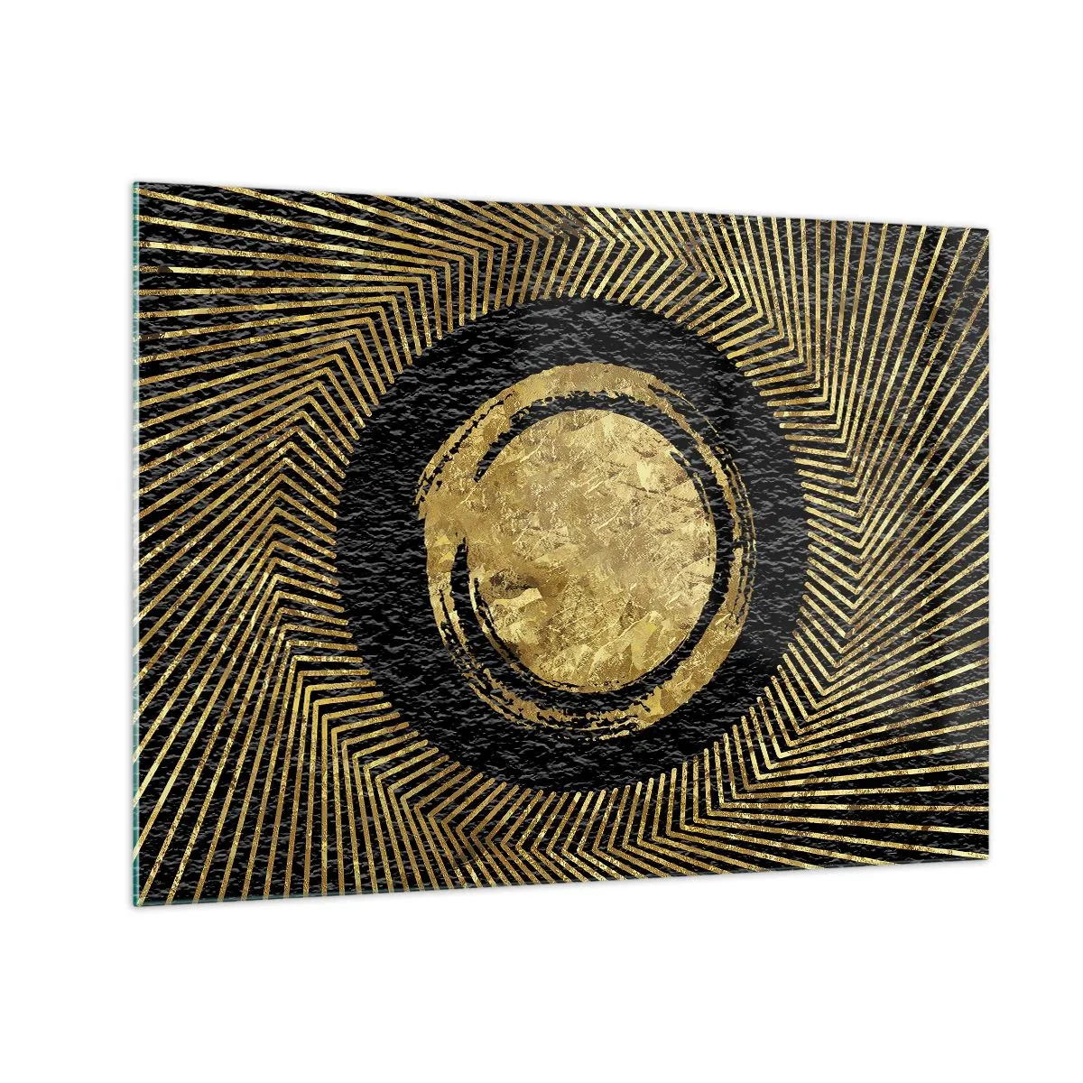 Obraz na szkle - Złoty krąg z promieniami na czarnym tle w stylu glamour - 70x50cm - Kompozycja glamour - Nowoczesna dekoracja ścienna do salonu i sypialni ARTTOR