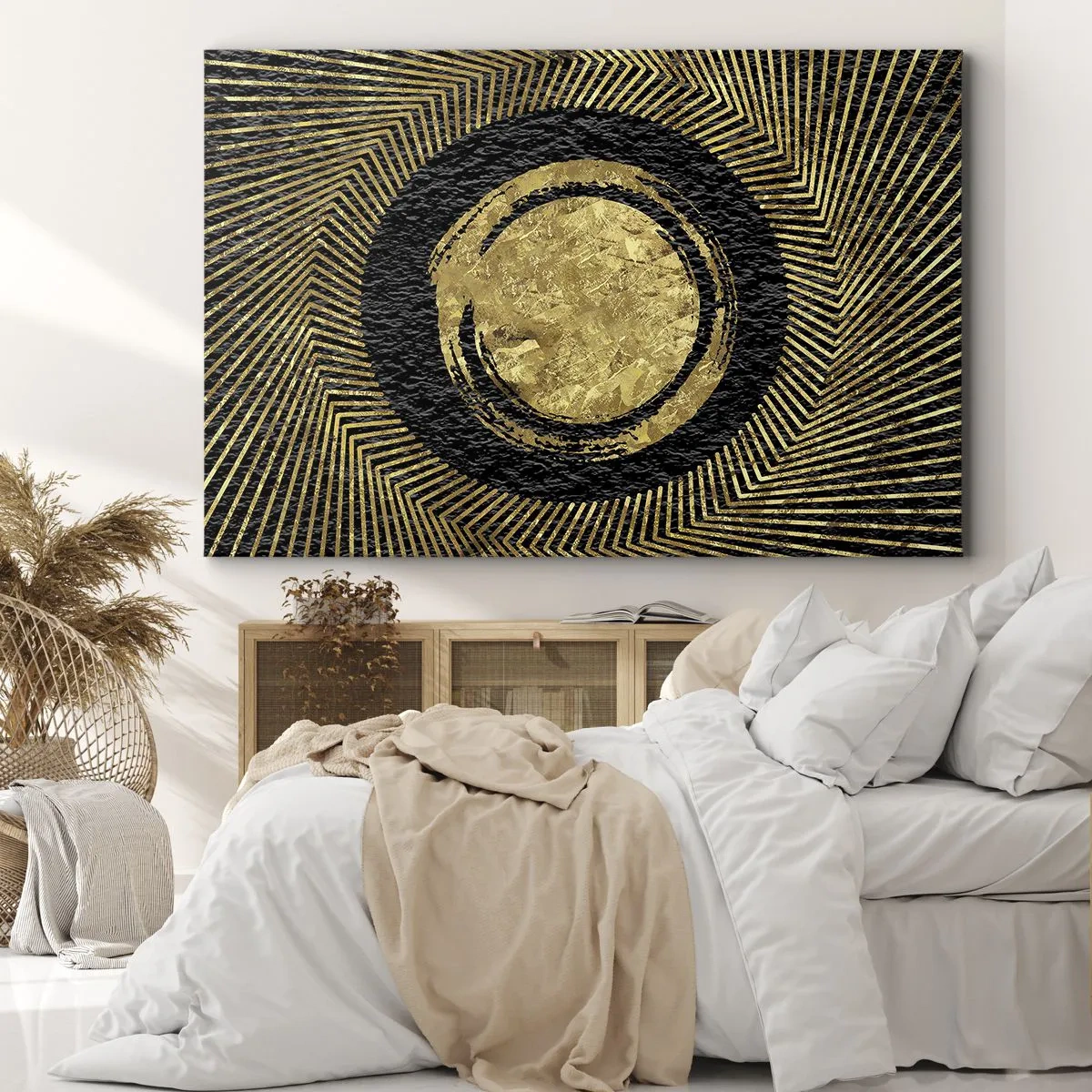 Obraz na płótnie - Geometryczna kompozycja w czerni i złocie z promieniami - 70x50cm - Kompozycja glamour - Nowoczesna dekoracja ścienna do salonu i sypialni ARTTOR