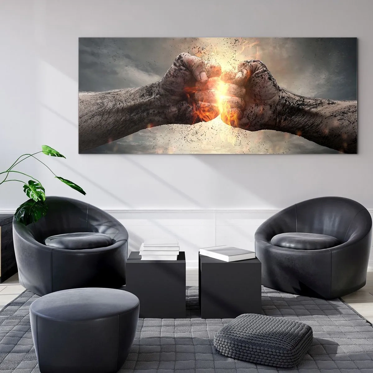 Obraz na szkle - Zaciśnięte pięści w dynamicznej scenerii z ogniem - 140x50cm - Stań do walki - Nowoczesna dekoracja ścienna do salonu i sypialni ARTTOR