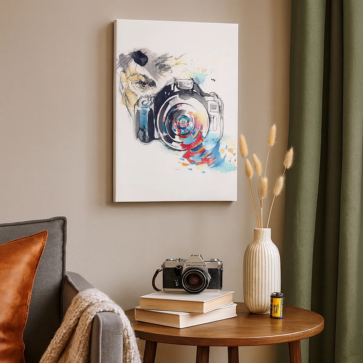 Obraz na płótnie - Artystyczna scena z aparatem fotograficznym z dynamicznymi akcentami - 50x70cm - W oku obiektywu - Nowoczesna dekoracja ścienna do salonu, kuchni i sypialni ARTTOR