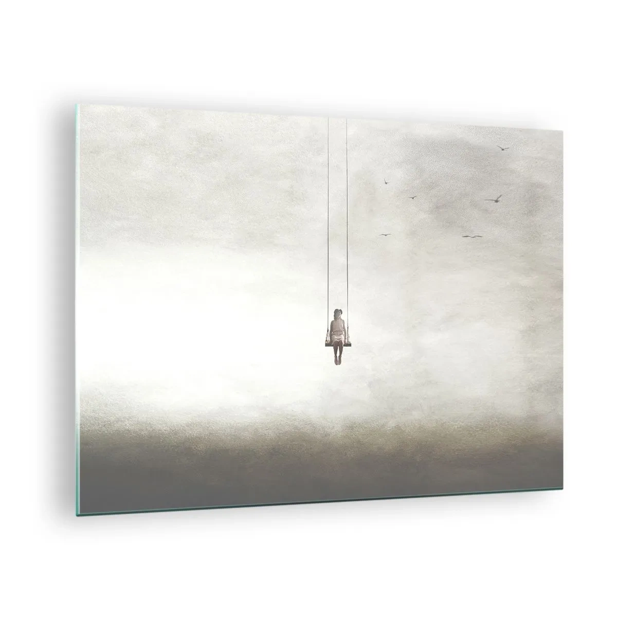 Obraz na szkle - Postać na huśtawce zawieszonej w niebie - 70x50cm - Dziecko w nas - Nowoczesna dekoracja ścienna do salonu i sypialni ARTTOR
