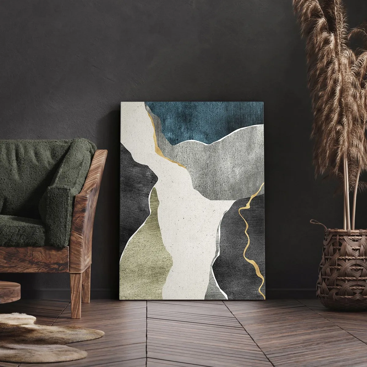 Obraz na płótnie - Geometryczna kompozycja w odcieniach beżu, szarości, czerni i turkusu z akcentami złota - 50x70cm - Mozaikowa kompozycja z nitką złota - Nowoczesna dekoracja ścienna do salonu, kuchni i sypialni ARTTOR