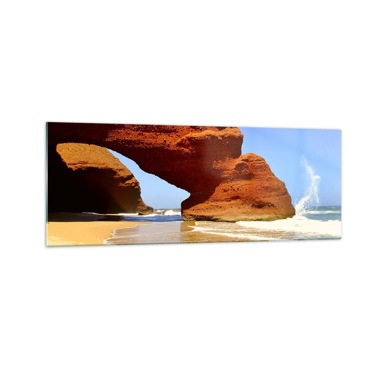 Obraz na szkle - Naturalny łuk skalny na plaży z błękitnym niebem i falami - 140x50cm - Woda i wiatr przez tysiące lat - Nowoczesna dekoracja ścienna do salonu i sypialni ARTTOR