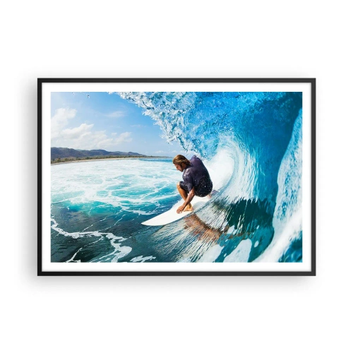 Plakat w czarnej ramie - Surfer w dynamicznej pozie na fali w turkusowej wodzie - 100x70cm - Tańczący z falami - Nowoczesna dekoracja ścienna do salonu i sypialni ARTTOR