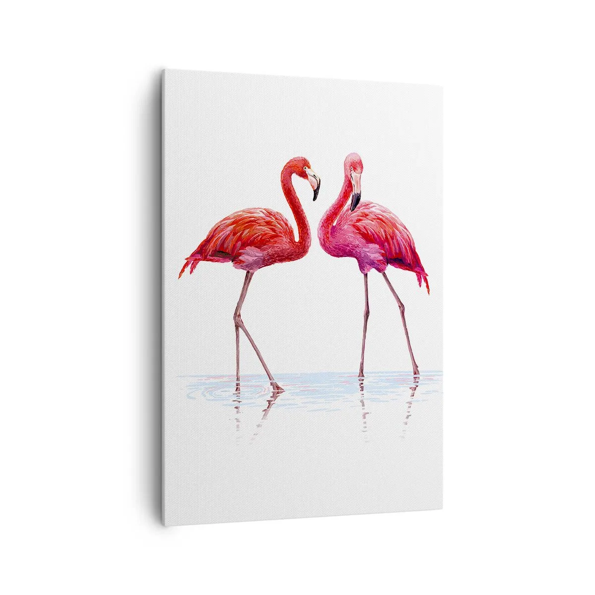 Obraz na płótnie - Para flamingów w wodzie na jasnym tle - 70x100cm - Różowe randez-vous - Nowoczesna dekoracja ścienna do salonu i sypialni ARTTOR
