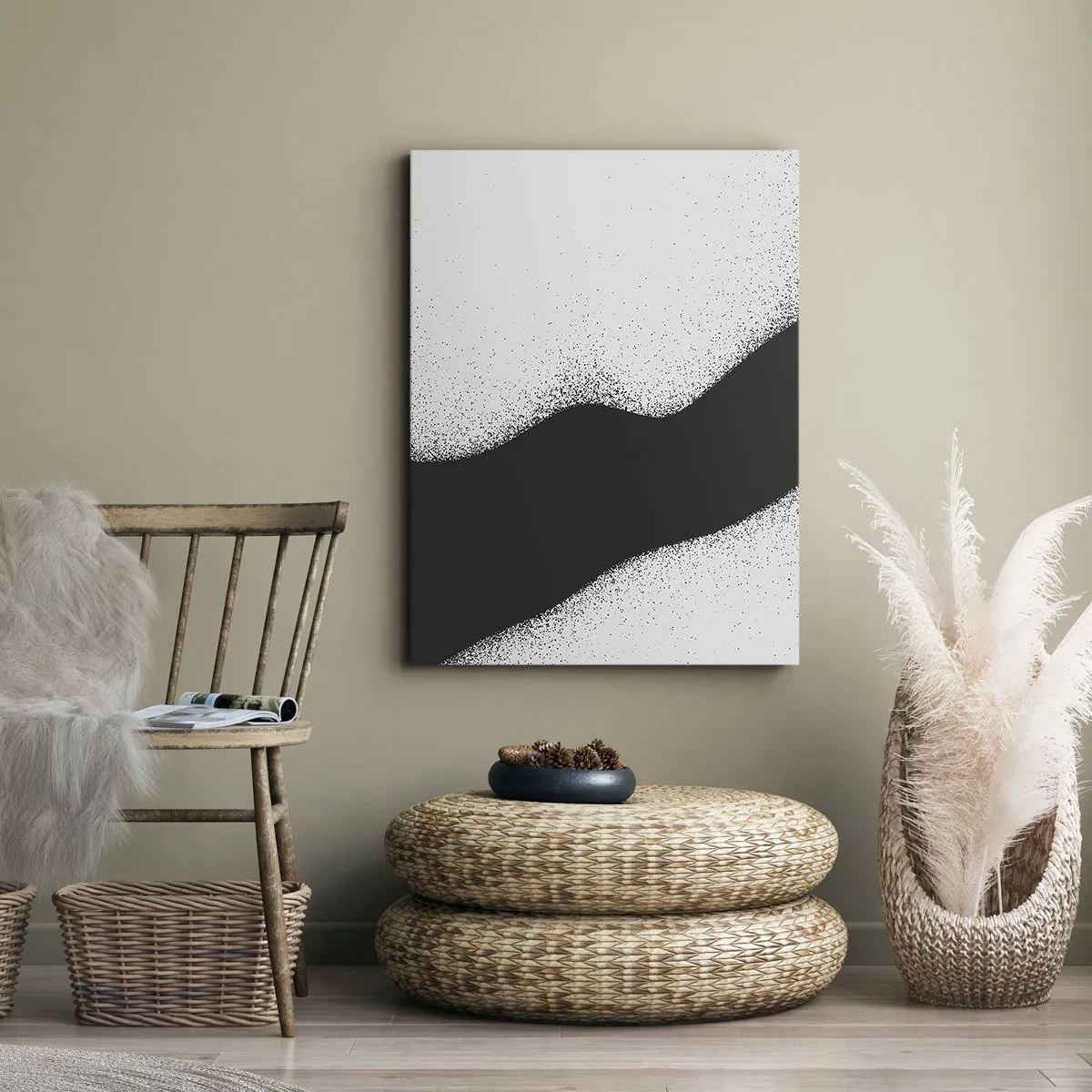Obraz na płótnie - Abstrakcyjna czarno-biała kompozycja z płynną linią - 50x70cm - Płynna równowaga - Nowoczesna dekoracja ścienna do salonu, kuchni i sypialni ARTTOR