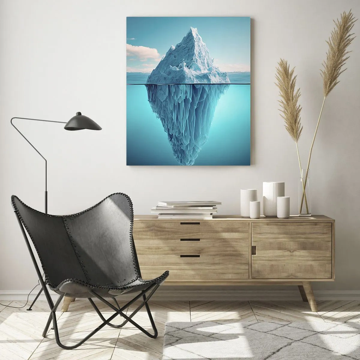 Obraz na szkle - Góra lodowa unosząca się na oceanie z widoczną częścią pod wodą - 50x70cm - Królowa lodu - Nowoczesna dekoracja ścienna do salonu, kuchni i sypialni ARTTOR