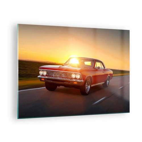 Obraz na szkle - Czerwony samochód klasyczny na tle zachodzącego słońca - 70x50cm - Pożądanie ma kolor czerwony - Nowoczesna dekoracja ścienna do salonu i sypialni ARTTOR