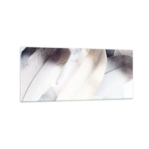 Obraz na szkle - Zbliżenie na delikatne pióra w odcieniach bieli i szarości - 120x50cm - Niemal anielskie - Nowoczesna dekoracja ścienna do salonu i sypialni ARTTOR