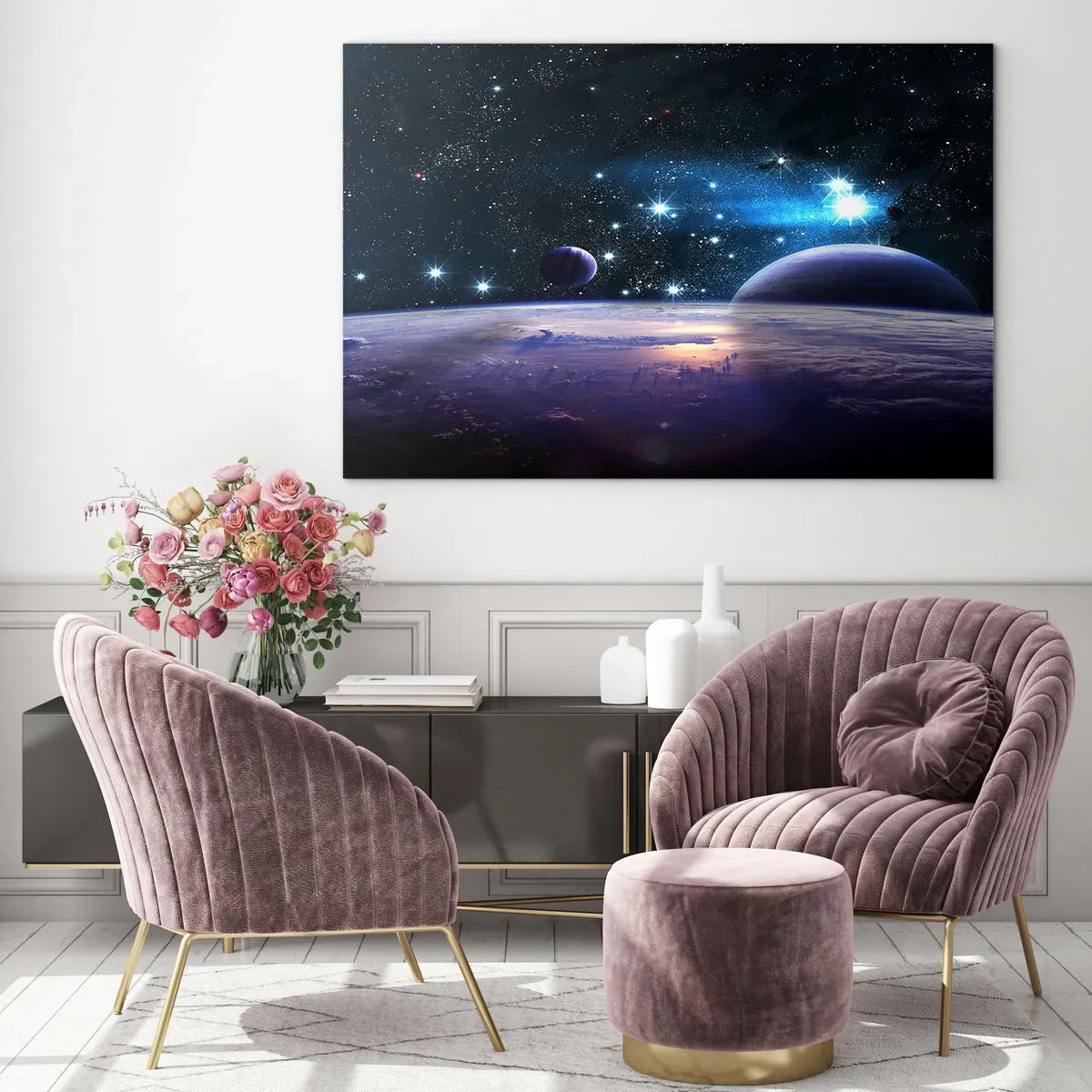 Obraz na szkle - Kosmiczny pejzaż z planetami i gwiazdami na tle galaktyki - 100x70cm - Wciąż sami? - Nowoczesna dekoracja ścienna do salonu, kuchni i sypialni ARTTOR