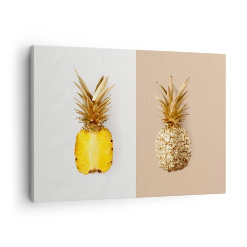 Obraz na płótnie - Połówka świeżego i złotego ananasa na kontrastowym tle - 70x50cm - Ananas dla nas - Nowoczesna dekoracja ścienna do salonu i sypialni ARTTOR