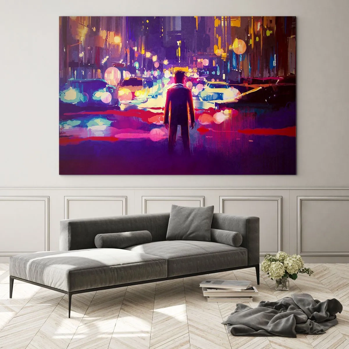 Obraz na szkle - Postać w kolorowym, nocnym świetle miasta o futurystycznym stylu - 70x50cm - Zanurzony w świetle - Nowoczesna dekoracja ścienna do salonu i sypialni ARTTOR